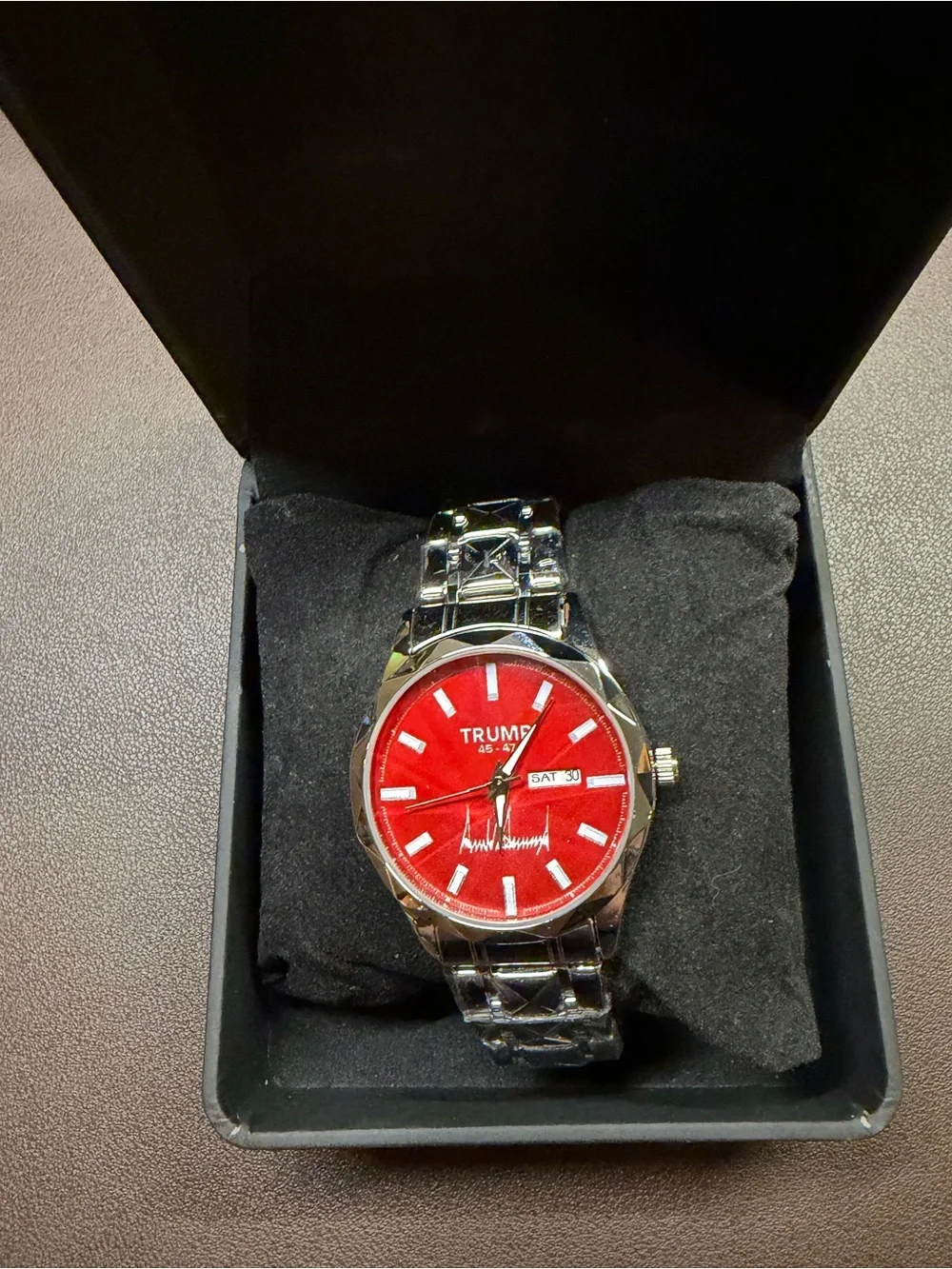 Donald J. Trump 45–47 Red Dial Watch Running w/ Box Unworn Stainless Steel